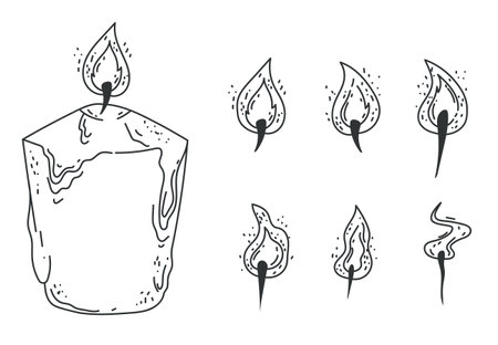 Vector doodle line art style candle with different flame shapes isolated set. Vector doodle line style design elementのイラスト素材