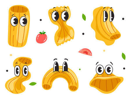 Pasta macaroni cartoon characters face expressions isolated set. Vector graphic design element illustrationのイラスト素材