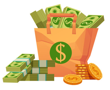 Paper bag full of money gold coins investment isolated on white background concept. Vector graphic design illustration elementのイラスト素材