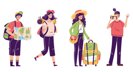 Travel tourist people with backpack active lifestyle concept set. Vector graphic design element illustrationのイラスト素材