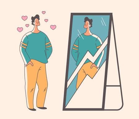 Narcissist people look at mirror and happy. Vector graphic design illustration elementのイラスト素材