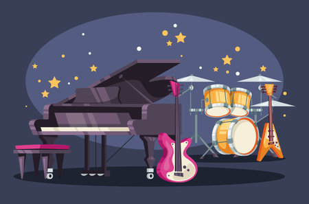 Piano drum microphone guitar musical instruments on stage concept. Vector graphic design illustration elementのイラスト素材