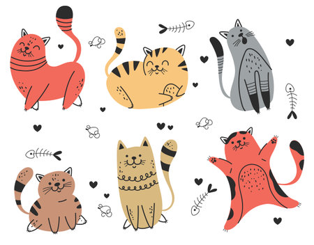 Doodle sketch line art animal cats characters hand drawn isolated set. Modern simple line outline style. Vector cartoon graphic design element illustrationのイラスト素材