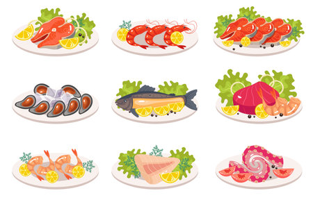 Fish seafood salmon, shrimp, oysters, tuna, tilapia, octopus, squid, tentacles dish meal isolated set. Cooking ingredient restaurant menu conceptのイラスト素材