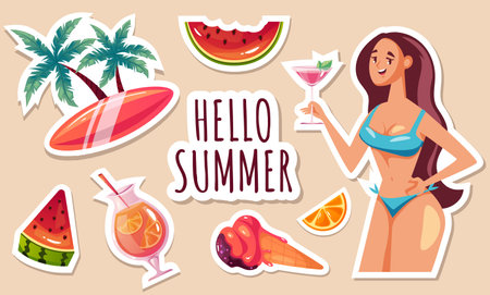 Summer stickers travel beach holiday tropical summertime isolated set. Beach activity vacation concept. Vector cartoon graphic design element illustrationのイラスト素材