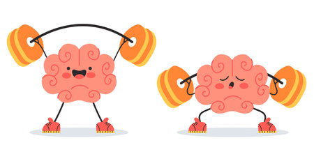 Brain strong hold weight in gym doing exercise fitness memory training concept. Vector cartoon...