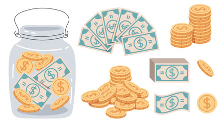 Money vector stack dollar cash pile currency flat set isolated on background. Vector graphic design illustrationのイラスト素材