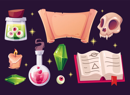 Witch magic crystal cartoon game witchcraft element isolated set. Vector graphic design illustrationのイラスト素材