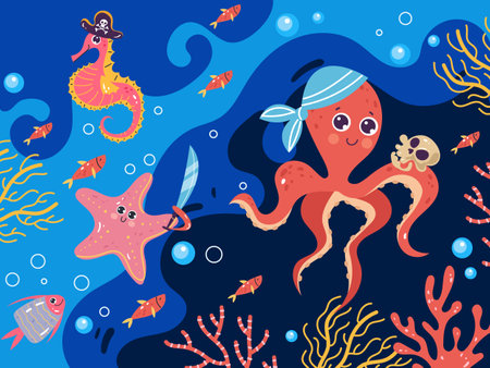 Pirate sea animal character ocean party underwater concept. Vector graphic design illustrationのイラスト素材