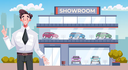 Car showroom dealership shop center store auto rental dealer concept. Vector graphic design illustrationのイラスト素材