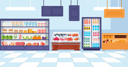 Supermarket shelf with food market store grocery shop empty interior concept. Vector graphic design illustrationのイラスト素材