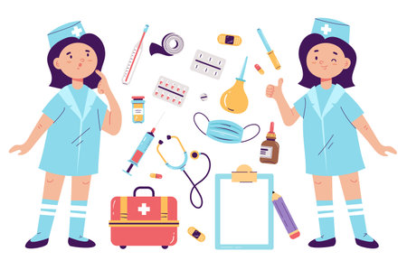 Hospital doctor cartoon cute nurse children play toy concept set. Vector cartoon graphic design element illustrationのイラスト素材