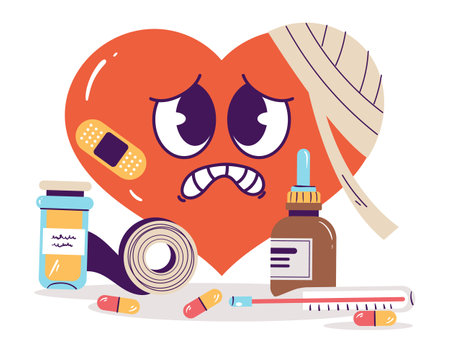 <p>Broken hearts with wounds bandages stitch patches concept. Breakup divorce heartbreak isolated set. Vector graphic design illustration</p>のイラスト素材