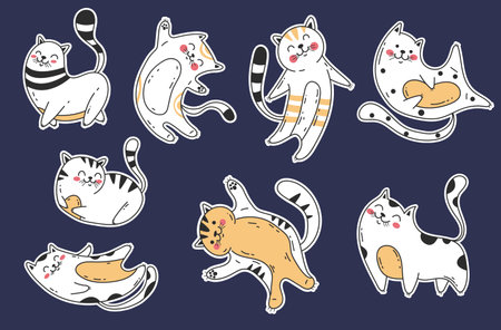 <p>Cute cats stickers different poses domestic pets concept set. Vector flat graphic design element concept illustration</p>のイラスト素材