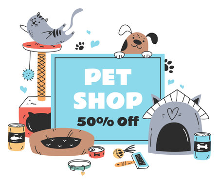 <p><span class="ql-cursor">ï»¿</span>Pet shop sale discount banner poster concept. Animal pets zoo store with food, toys. Vector graphic design illustration element&nbsp;</p>のイラスト素材