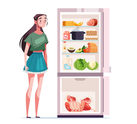 <p>Refrigerator full of food close and open isolated set. Vector graphic design element illustration</p>のイラスト素材