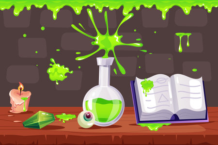 Wizard magic potion alchemist laboratory explosion concept. Vector graphic design element illustrationのイラスト素材