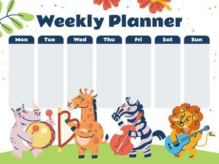 Week kid planner animal calendar table cute banner jungle style concept. Vector graphic design illustrationのイラスト素材