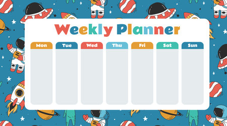 Week planner calendar schedule space style for kids concept. Vector graphic design element illustrationのイラスト素材
