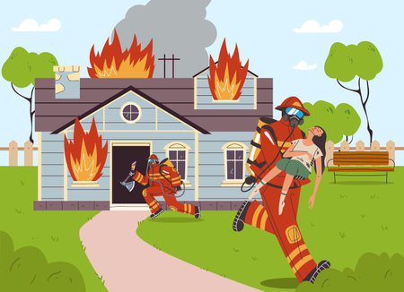 Fireman fight with fire brave firefighter. Burning house home street concept. Vector graphic design illustration elementのイラスト素材