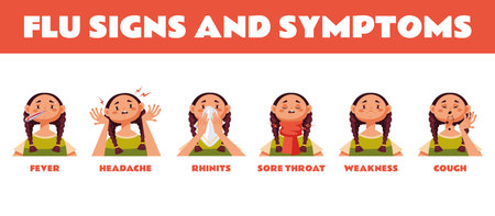 Sick cold flu symptom ill fever cough kid child infographic concept. Vector graphic design illustration elementのイラスト素材