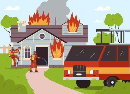 Fireman fight with fire brave firefighter. Burning house home street concept. Vector graphic design illustration elementのイラスト素材