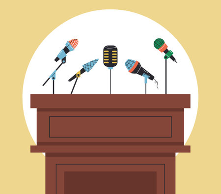Press conference microphone podium public speech speak platform concept. Vector graphic design element illustrationのイラスト素材