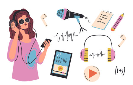Podcast record people listen music doodle isolated set. Vector graphic design element illustrationのイラスト素材