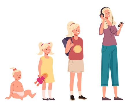 Girl child growth different age phase steps isolated set concept. Vector graphic design element illustrationのイラスト素材