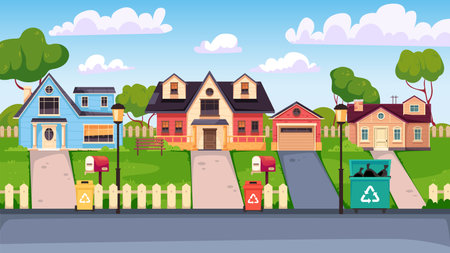 Illustration pour Neighborhood street cartoon house home city small town village concept. Vector graphic design illustration - image libre de droit