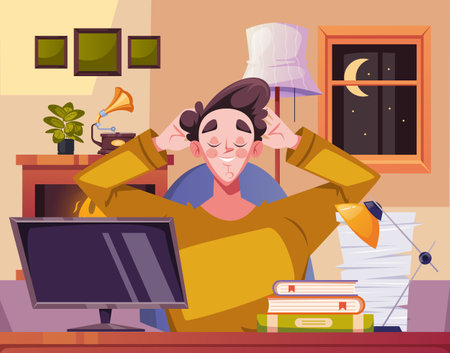 People work late night at home office computer desk room concept. Vector graphic design illustrationのイラスト素材