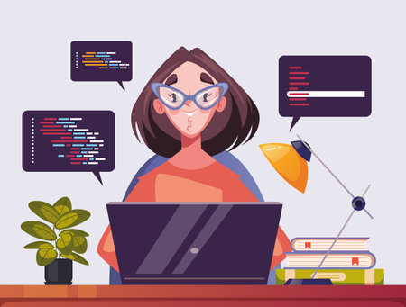 Programmer work at laptop computer website code program concept. Vector graphic design illustrationのイラスト素材