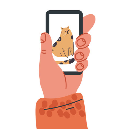 Hand holds black smartphone with open video app and cat on screen. Viral marketing concept.Trendy graphic design elements. Modern creative vector flat illustration. Isolated on treのイラスト素材