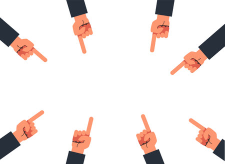 Blaming shaming pointing hands. Humiliation aggression concept. Vector flat cartoon illustrationのイラスト素材
