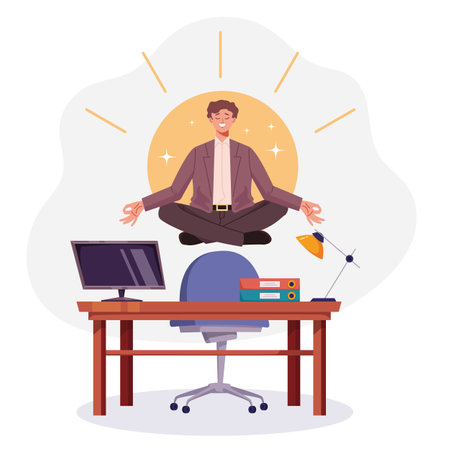 Office work stress relax meditate yoga concept. Vector graphic design illustrationのイラスト素材