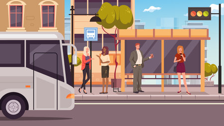 Bus transport public stop station concept. Vector graphic design illustrationのイラスト素材