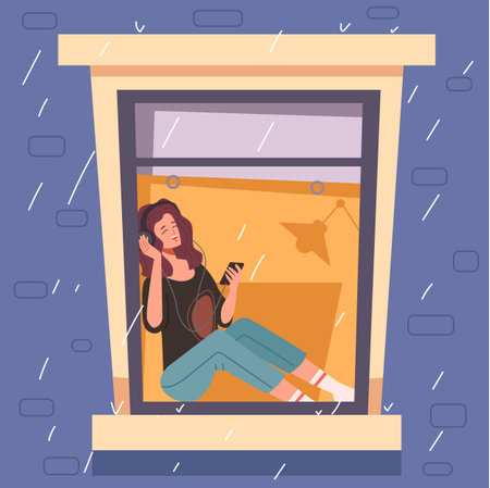 People listen music audiobook podcast near window concept. Vector graphic design illustrationのイラスト素材