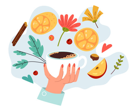 Tea cup aroma herbal aromatherapy abstract concept. Vector graphic design illustrationのイラスト素材