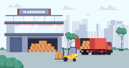 Warehouse truck logistic delivery transport storage concept. Vector graphic design illustrationのイラスト素材