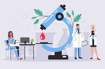 Lab laboratory research test scientist medical analysis experiment concept. Vector graphic design illustrationのイラスト素材