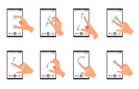 Phone mobile hand tap gesture tablet smartphone finger touchscreen zoom isolated set. Vector graphic design illustrationのイラスト素材