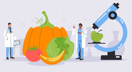 Genetic food vegetable fruit research engineering laboratory science gmo test concept. Vector graphic design illustrationのイラスト素材