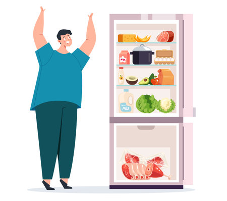Eating disorder open fridge late night obese gluttony concept. Vector graphic design illustrationのイラスト素材