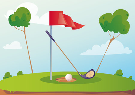 Golf green landscape tournament outdoor concept. Vector cartoon graphic design element illustrationのイラスト素材