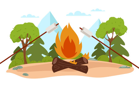 Fire bonfire camp campfire wood forest concept. Vector graphic design illustrationのイラスト素材