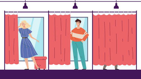 Dressing room people try clothes concept. Vector graphic design illustrationのイラスト素材