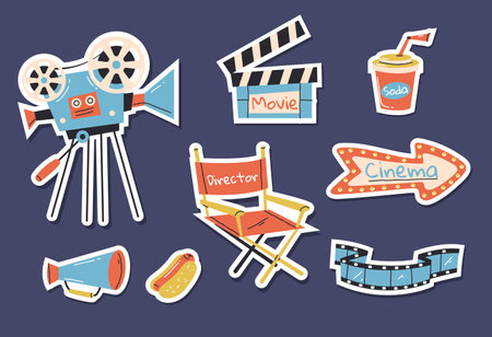 Cinema movie element production camera sticker isolated set. Vector graphic design illustrationのイラスト素材