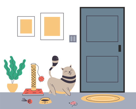Cat cute pet waiting for owners near door home concept. Vector graphic design illustrationのイラスト素材