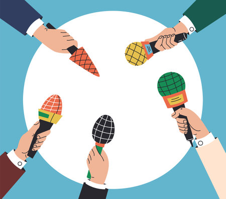 Journalist hand holding mic and taking interview concept. Vector graphic design illustration elementのイラスト素材