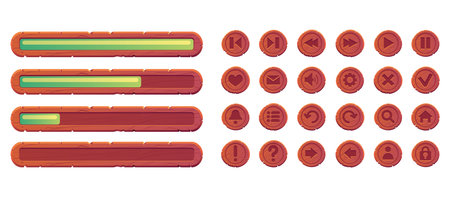 Wooden game ui button slider load bar interface design element isolated set. Vector graphic design element illustrationのイラスト素材